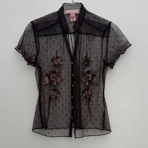Bandolino Brown Mesh Embroidered Women's Top Victorian Y2K